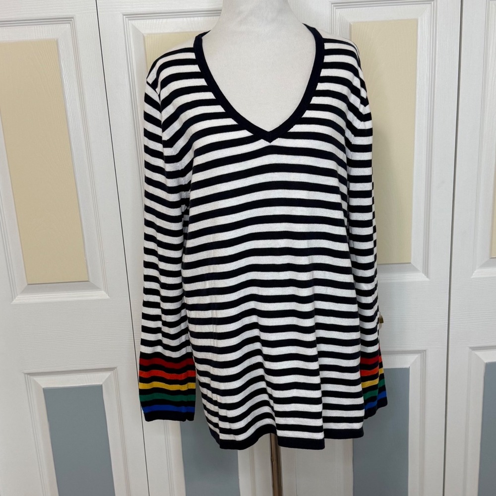 Tommy Hilfiger‎ Striped V Neck Sweater Long Sleeve Rainbow Cuff Women's XL